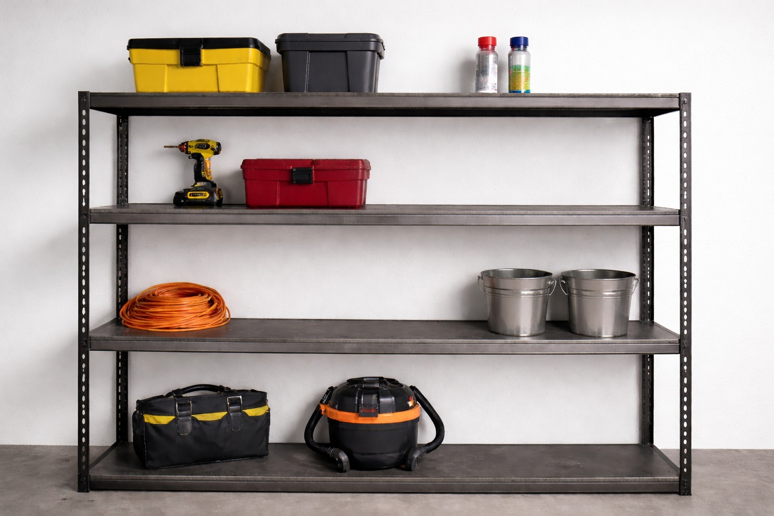 Ein Werkstattregal mit Böden aus entzundertem Stahlblech trägt Werkzeugkisten, Geräte und Eimer.