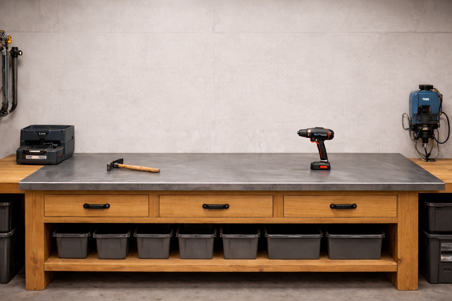 Eine massive Werkbank mit einer Platte aus entzundertem Stahlblech steht in einer aufgeräumten Werkstatt.