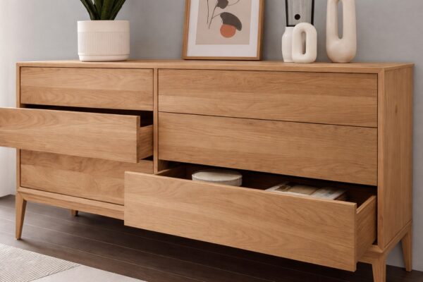 Esche Massivholz verleiht Möbeln eine klare, helle Optik mit natürlicher Wärme.