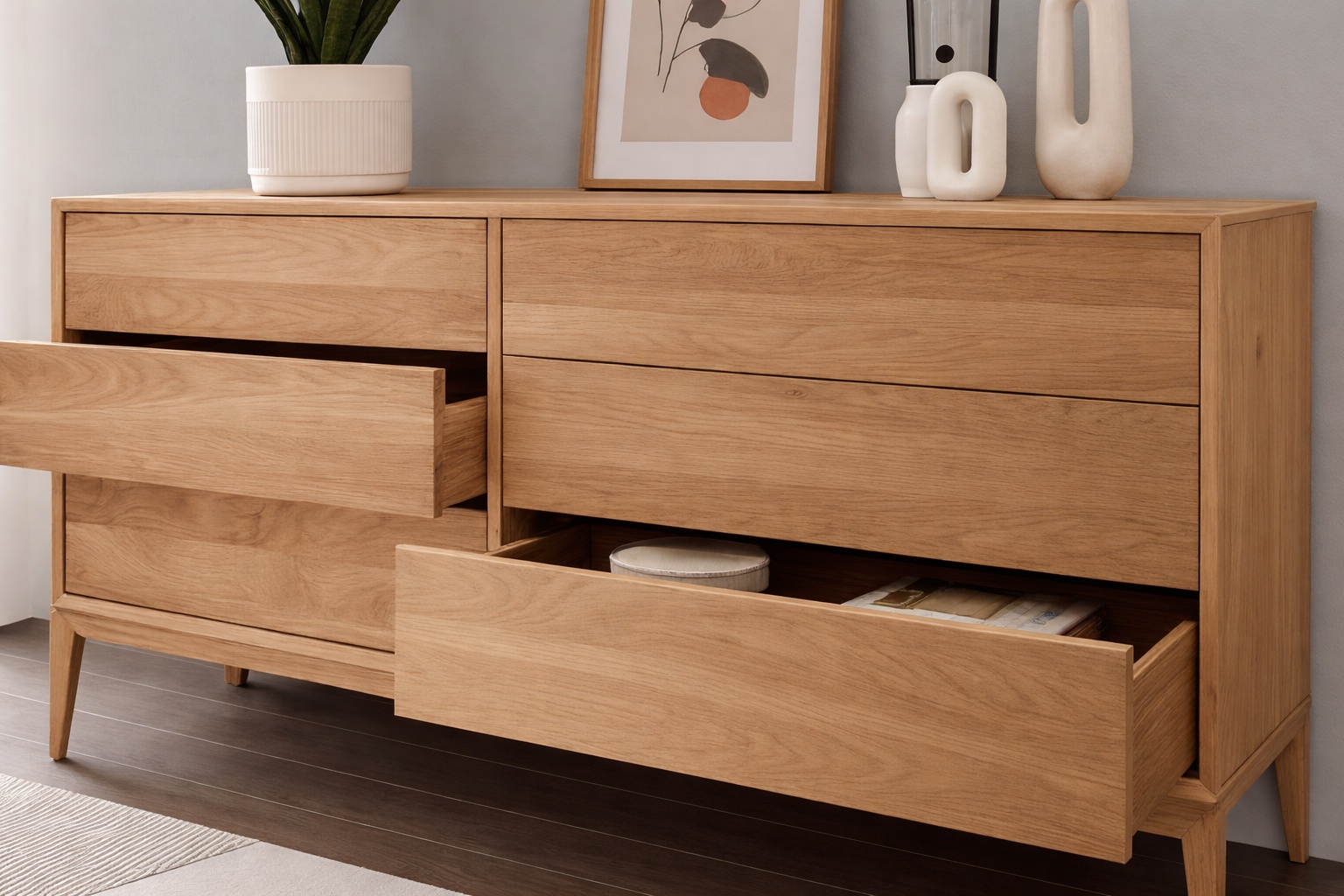 Esche Massivholz verleiht Möbeln eine klare, helle Optik mit natürlicher Wärme.