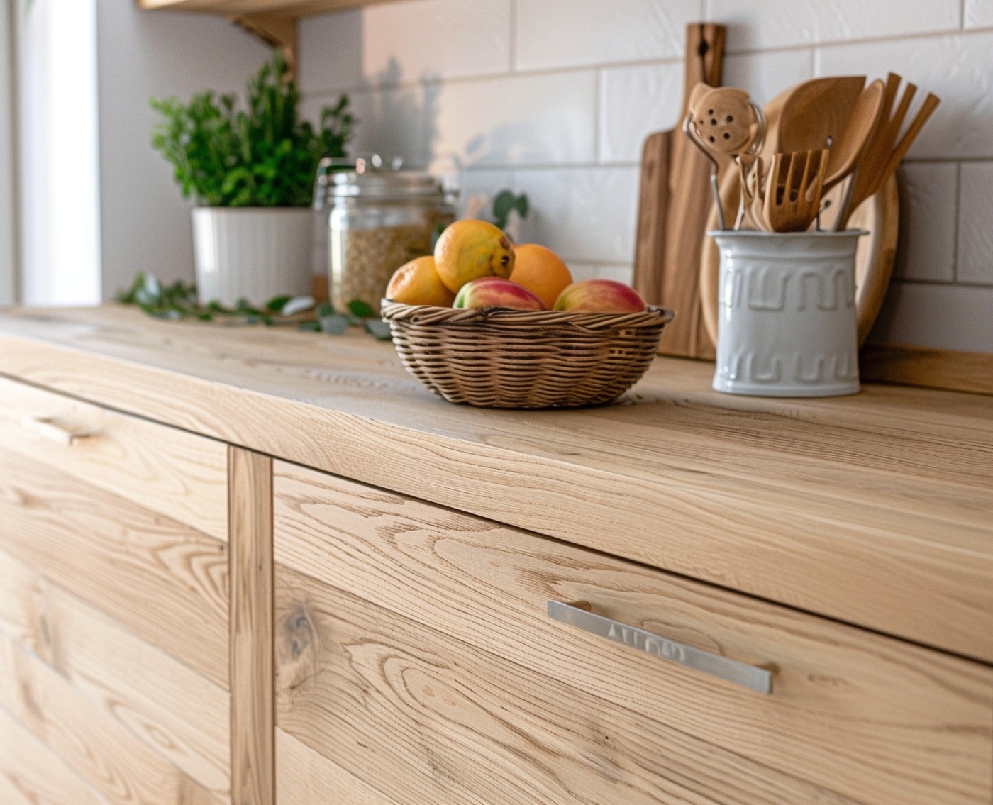 Eine helle Küchenarbeitsplatte aus Eschenholz zeigt Obst und Küchenutensilien.