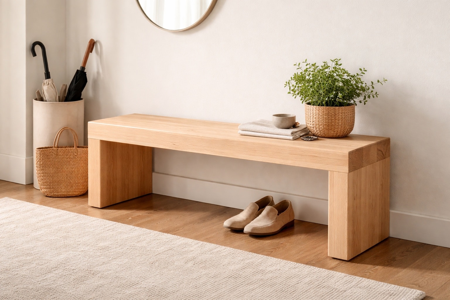 Eine freistehende Sitzbank aus Esche steht im Eingangsbereich.
