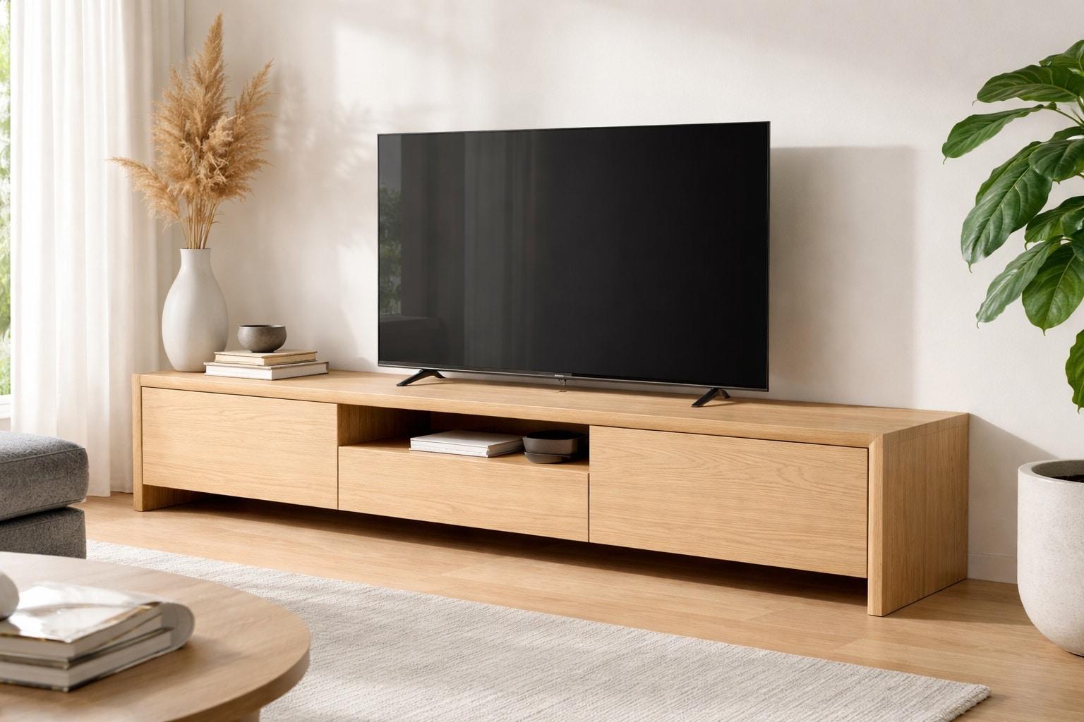 Eine TV-Sideboard aus Esche steht frei im Wohnzimmer.