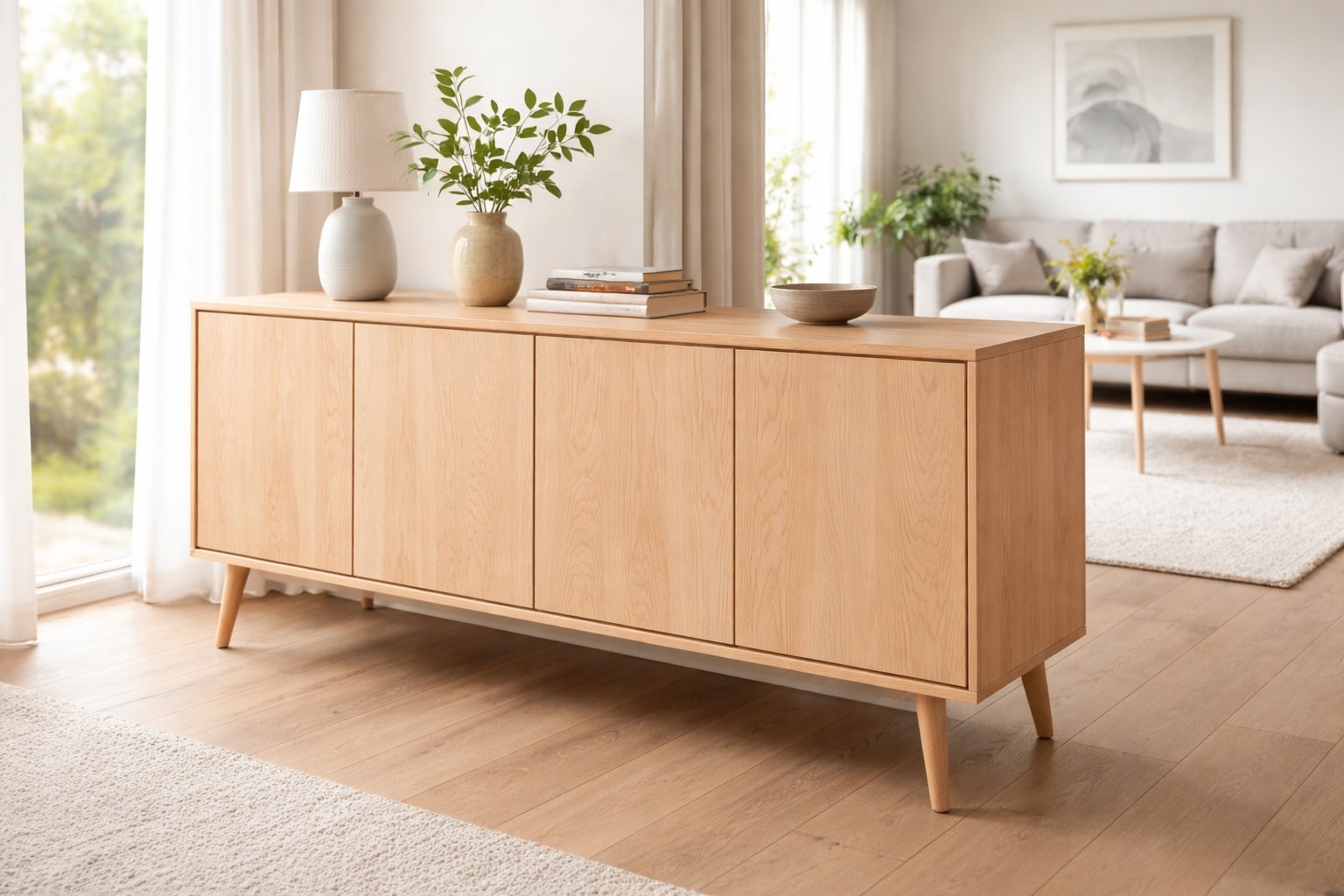 Ein freistehendes Sideboard aus Esche strukturiert einen offenen Wohnraum.