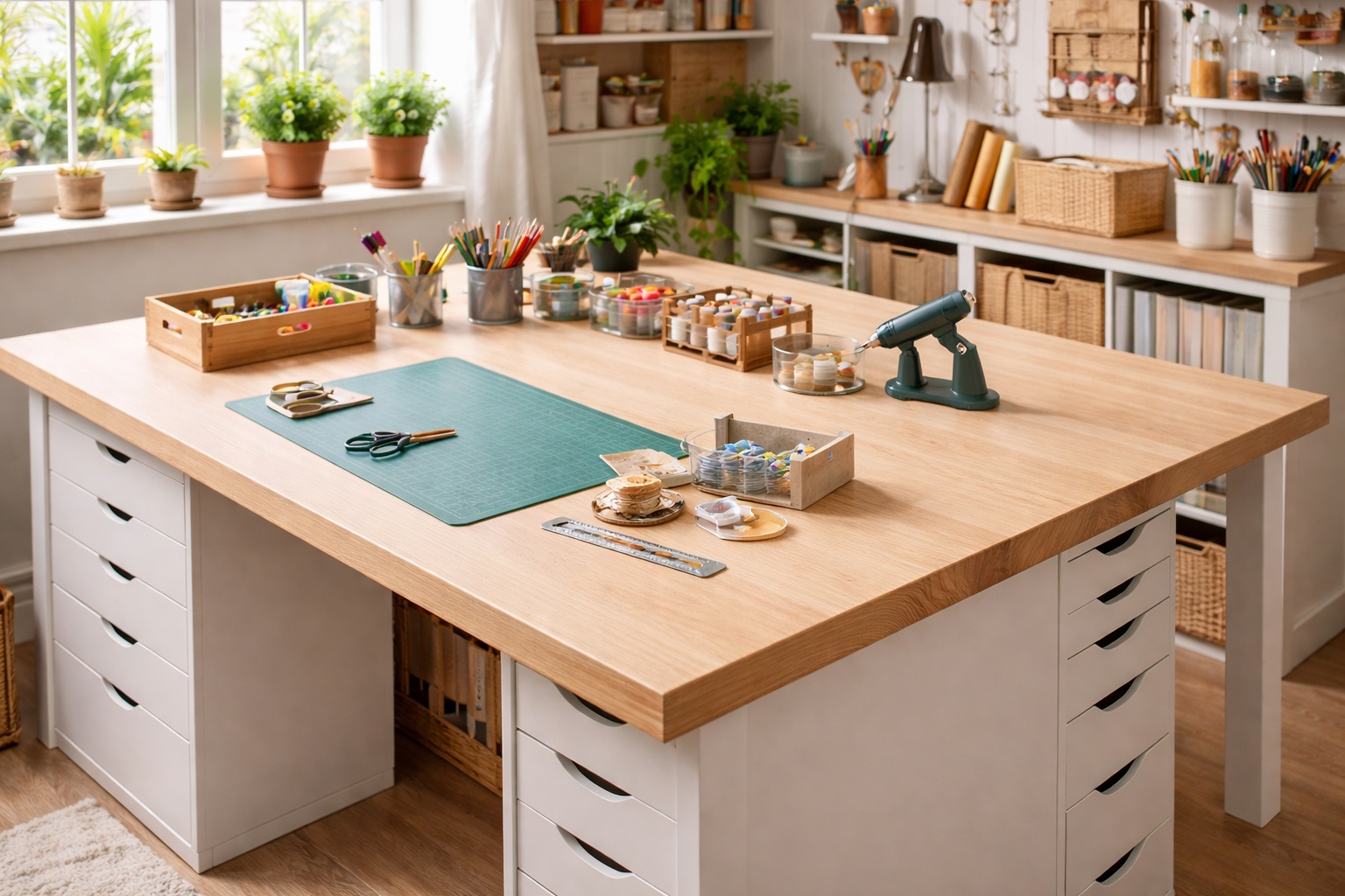 Ein Basteltisch besteht aus einer robusten Platte aus Esche.