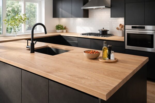 Eine Kücheninsel besitzt eine Arbeitsplatte aus massivem Eschenholz.