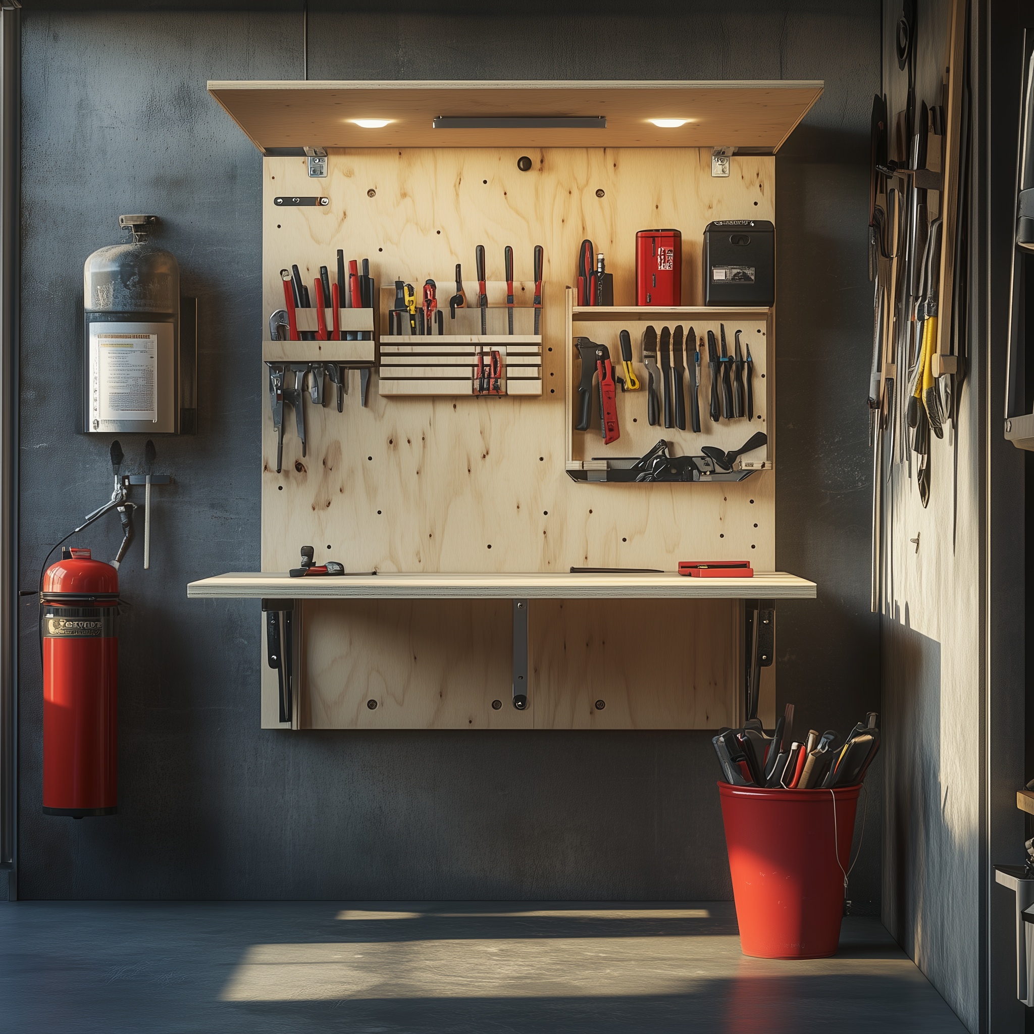 Eine klappbare Multiplex-Werkstation in aufrechter Position für platzsparende Aufbewahrung.