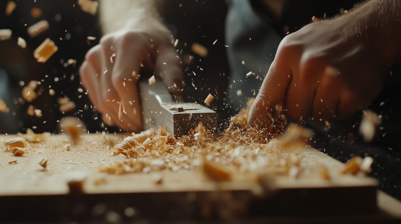 Ein Handwerker fasst die Kante eines Holzbretts mit einer Oberfräse in einer Werkstatt