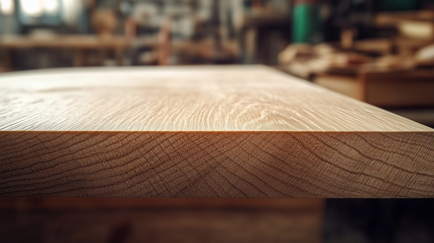Nahaufnahme einer gefrästen Holzkante mit klar sichtbarer 45-Grad-Fase