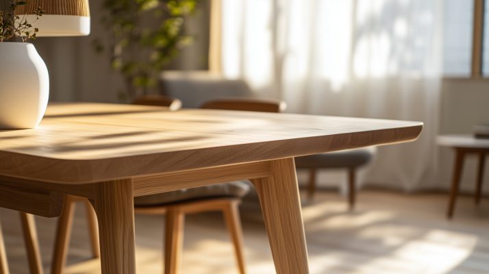 Moderner Holztisch mit gefaster Tischplatte im Wohnraum, elegante Linienführung