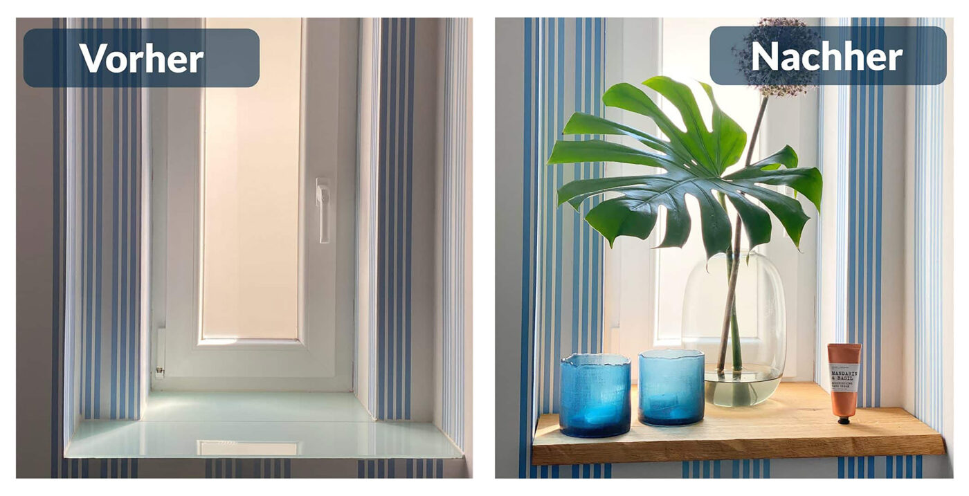 Vorher-Nachher-Vergleich eines Fensters mit alter Glas- und neuer Holzfensterbank.