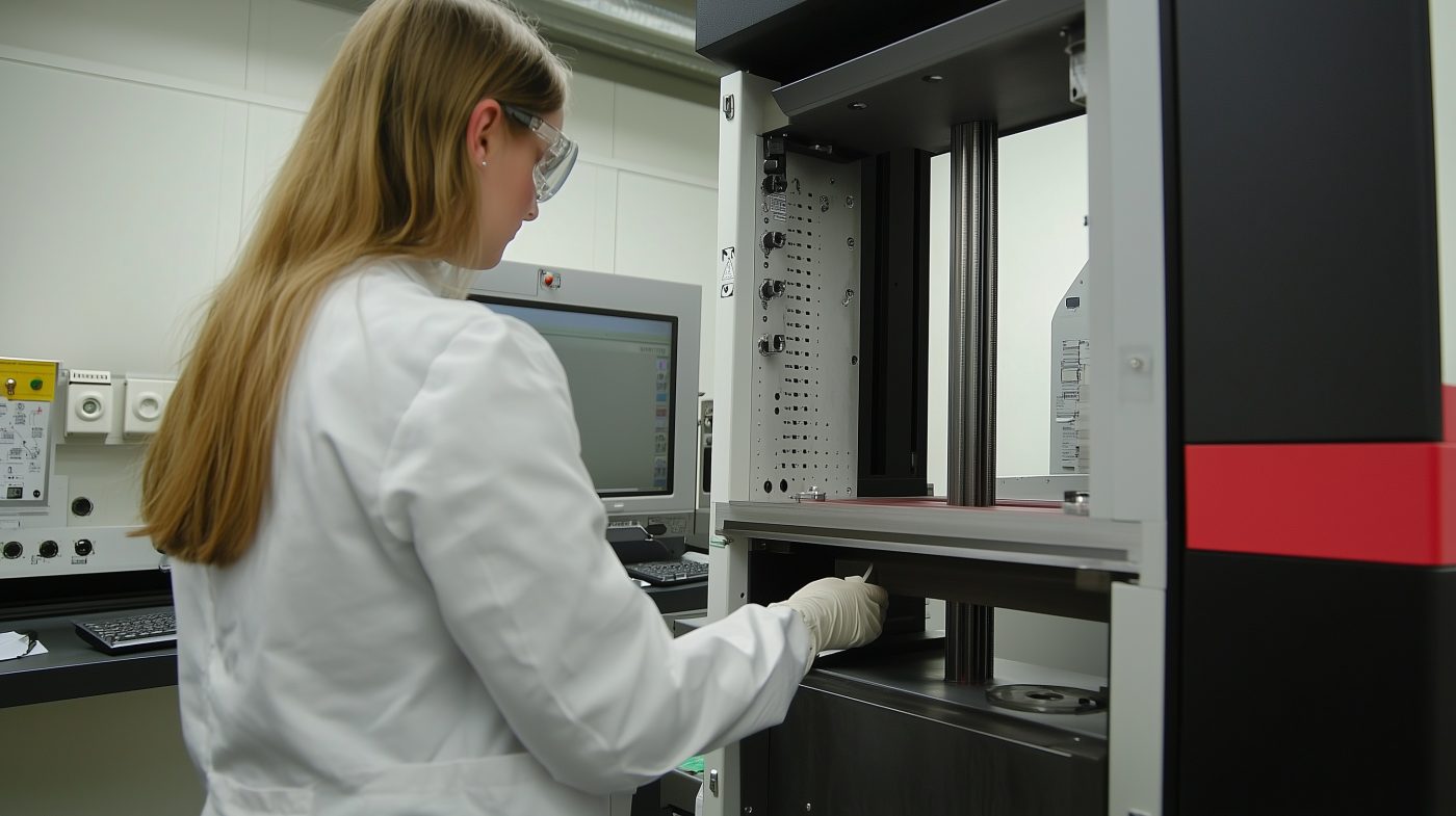 Labor prüft Biegefestigkeit einer Metallprobe – Festigkeitstest unter kontrollierten Bedingungen