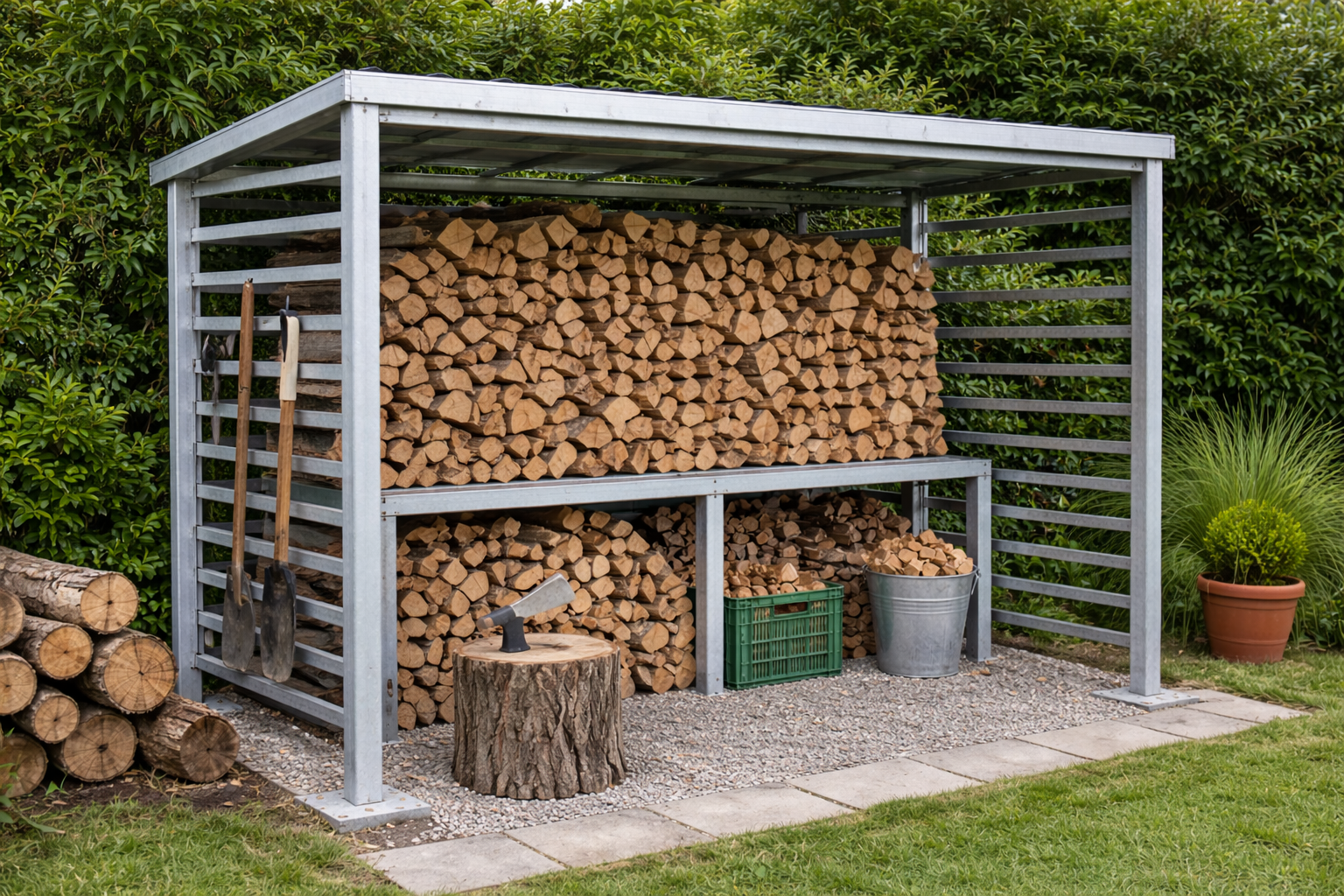 Ein Holzlager aus verzinktem Quadratrohr bietet langlebige, offene Aufbewahrung für Brennholz im Außenbereich.