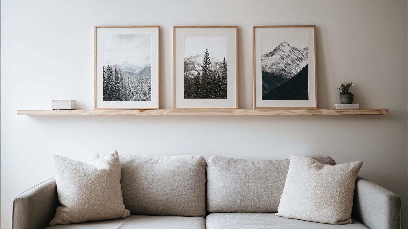 Eine schmale Fichtenholzleiste mit wenigen Bilderrahmen montiert auf weißer Wand über einem schlichten Sofa.