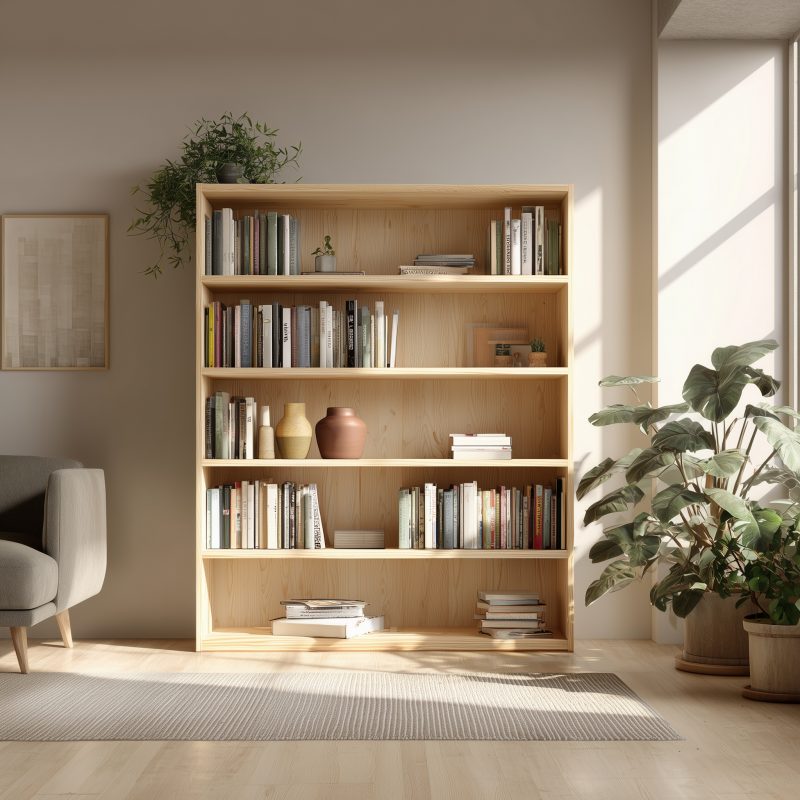 Ein Regal aus Fichtenholz mit sichtbarer Struktur, befüllt mit Büchern und Pflanzen, in hellem Wohnzimmer.