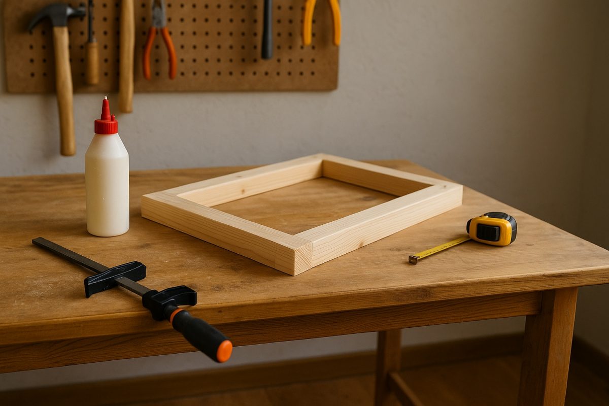 Eine Werkbank mit angeschnittenem Fichtenbrett, Holzleim und Maßband - DIY-Projekt im Aufbau.