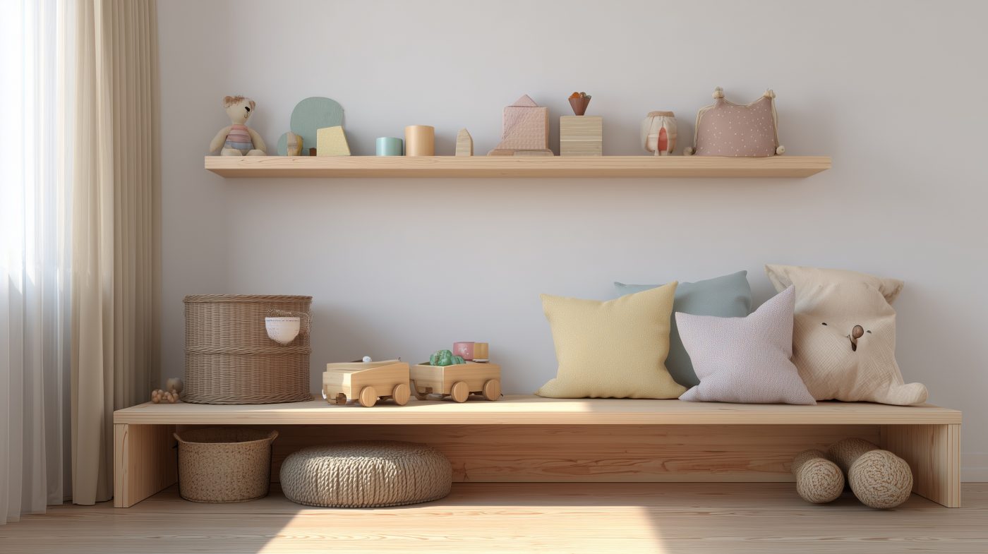Ein Kinderzimmer mit hellen Fichtenmöbeln.