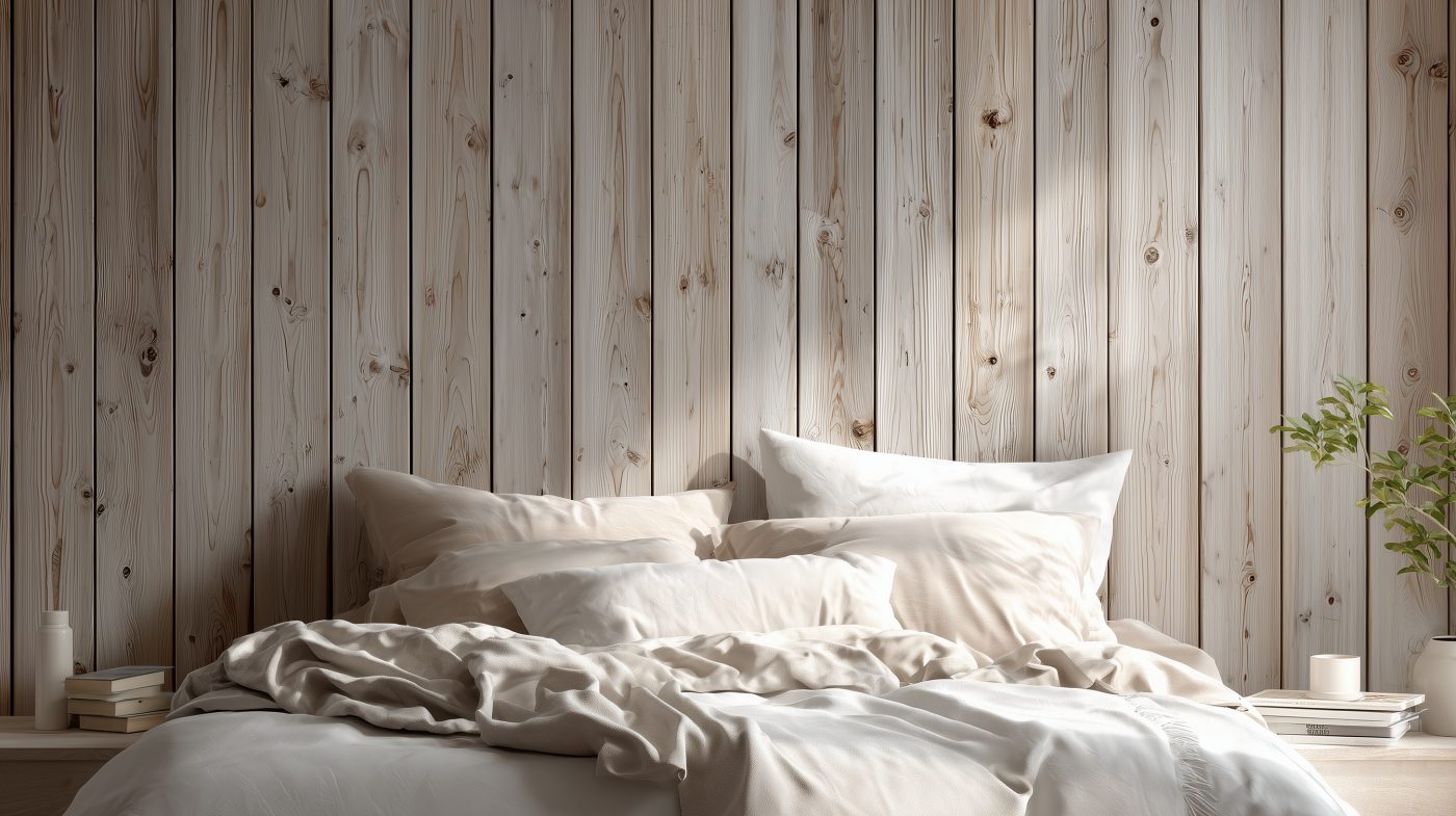 helle Wandverkleidung aus Fichtenholz hinter einem skandinavischen Bett in ruhiger Schlafzimmeratmosphäre.