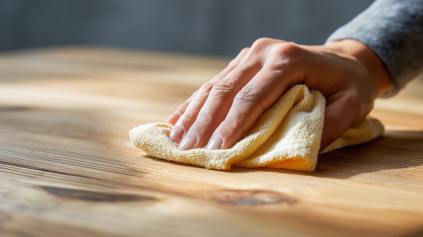 Eine Hand trägt mit einem weichen Tuch Naturöl auf eine Fichtenplatte auf.