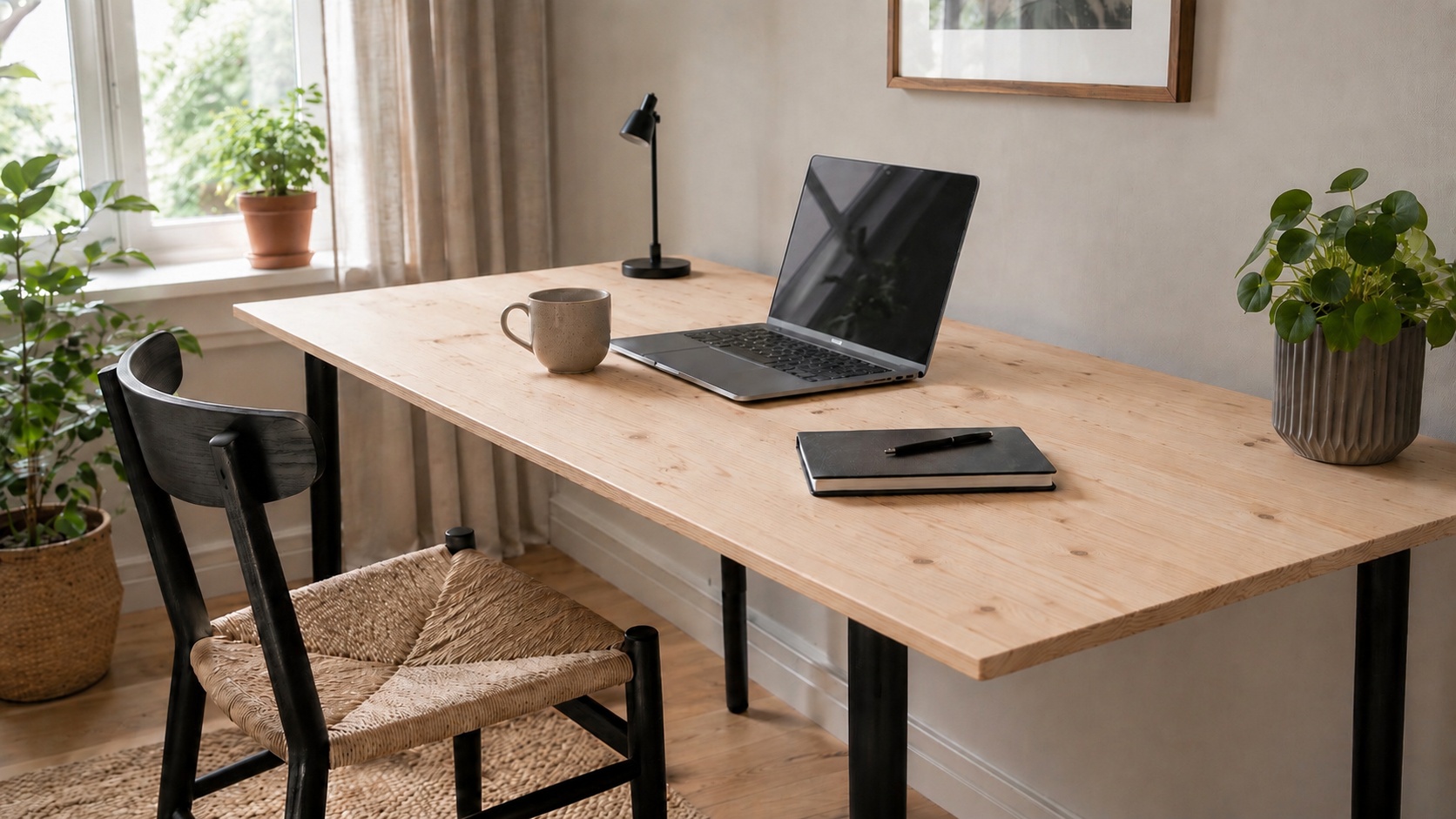 Ein Arbeitstisch aus Fichte mit Laptop, Tasse und Stuhl steht in einem Raum.