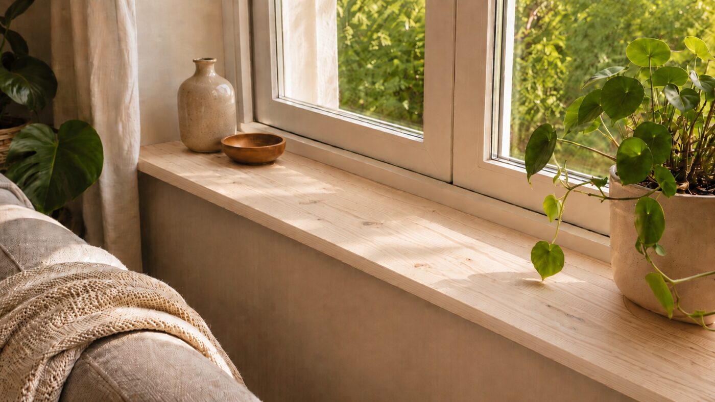 Die helle Fichtenfensterbank trägt Pflanzen und Deko und fügt sich harmonisch in das Wohnzimmer ein.