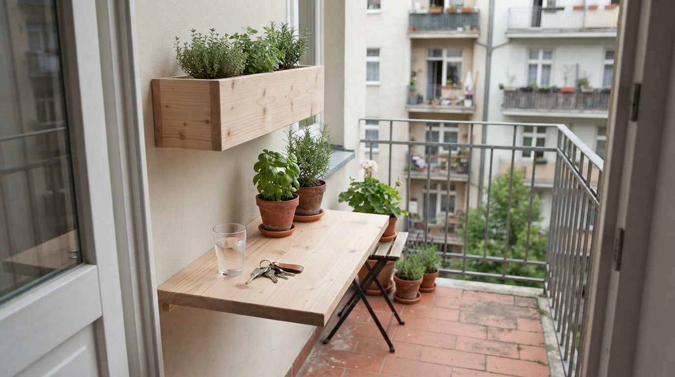 Een smalle tafel van vurenhout met glas, sleutels en kruidenpotten staat op een klein balkon.