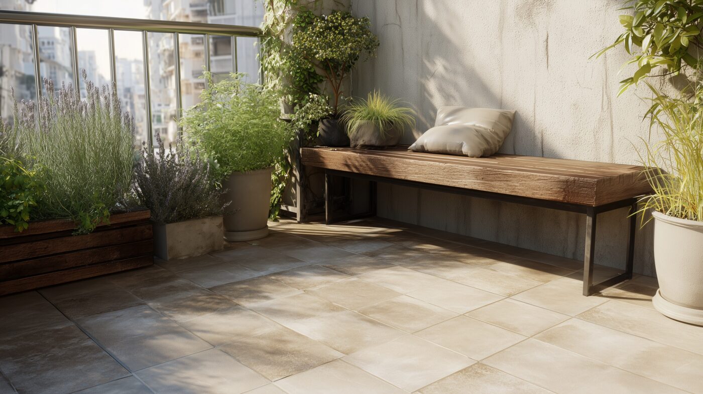 Balkonbank mit Flachstahlgestell und Holzsitzfläche.