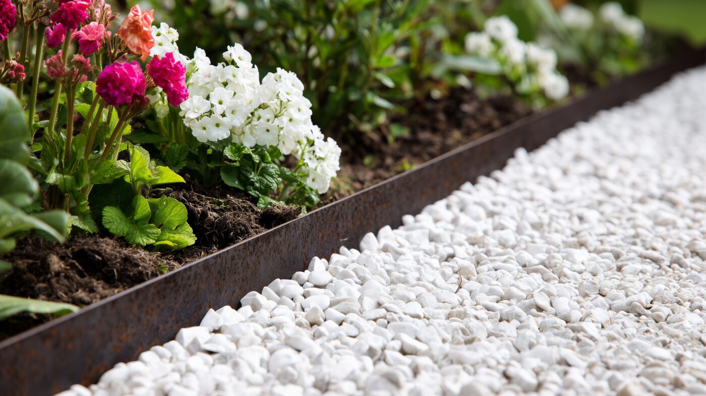 Flachstahl-Beetumrandung entlang eines Kieswegs im Garten.