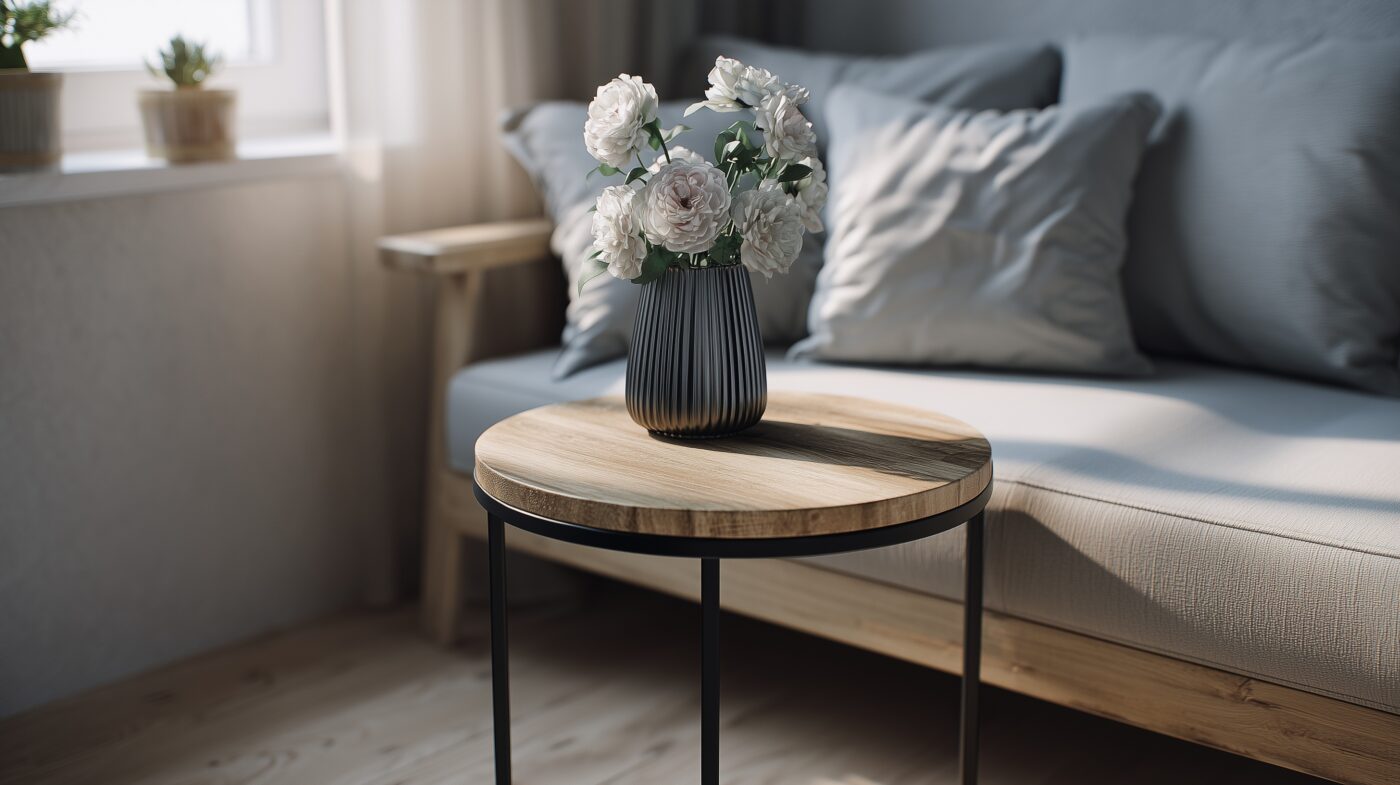 Kleiner Beistelltisch mit Flachstahlgestell im Wohnzimmer.