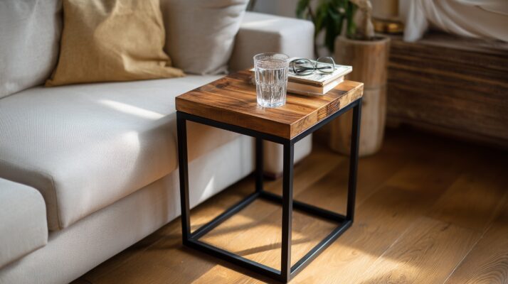 Kleiner Beistelltisch aus Flachstahl und Holz.