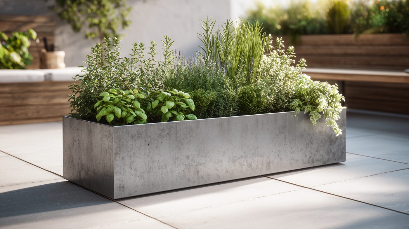 Hochbeet mit Flachstahlrahmen und Kräutern auf Terrasse.