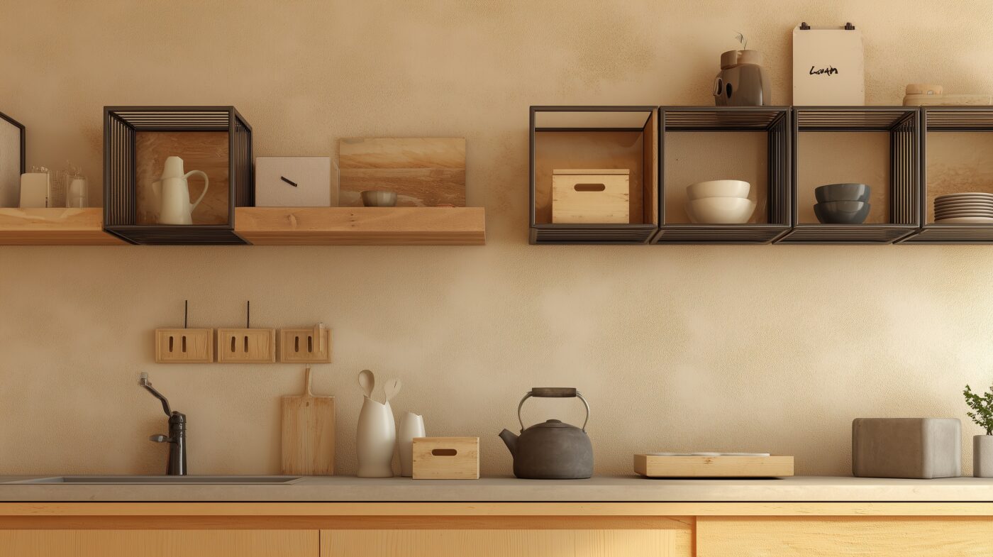 Offenes Küchenregal mit Flachstahlrahmen und Holzfächern.