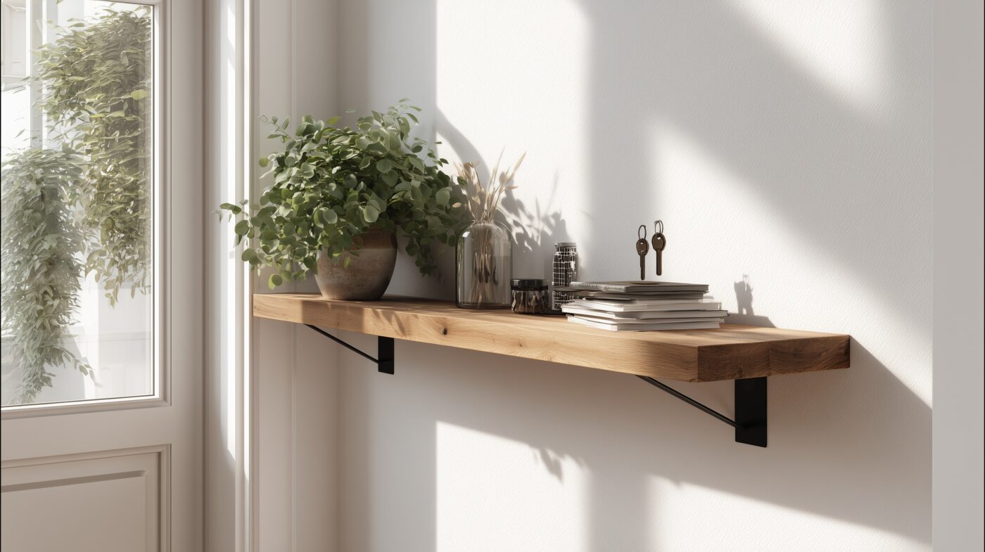 Wandregal mit Flachstahlträgern im Flur.