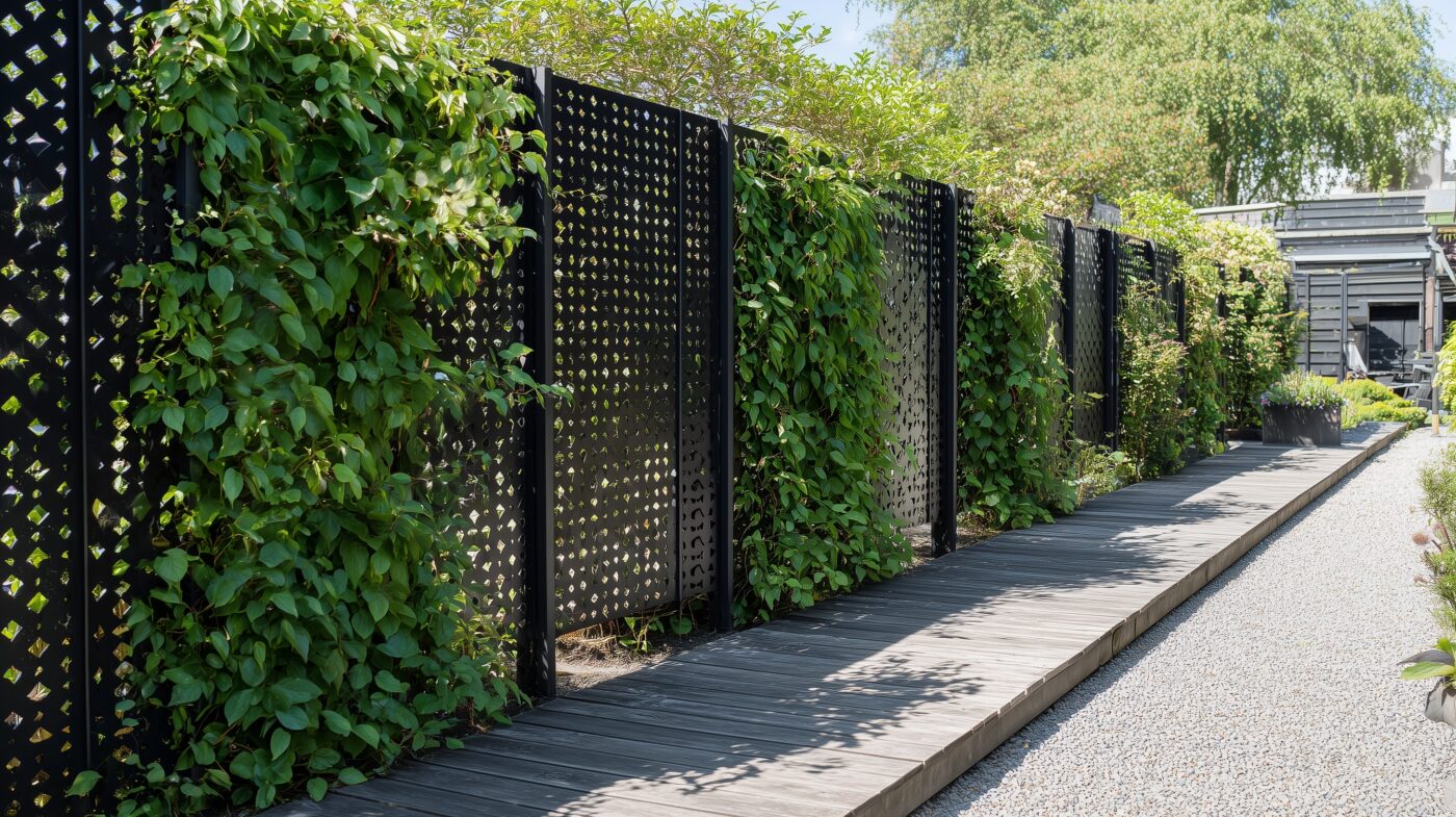 Flachstahl-Sichtschutz mit begrünten Kletterpflanzen im Garten.