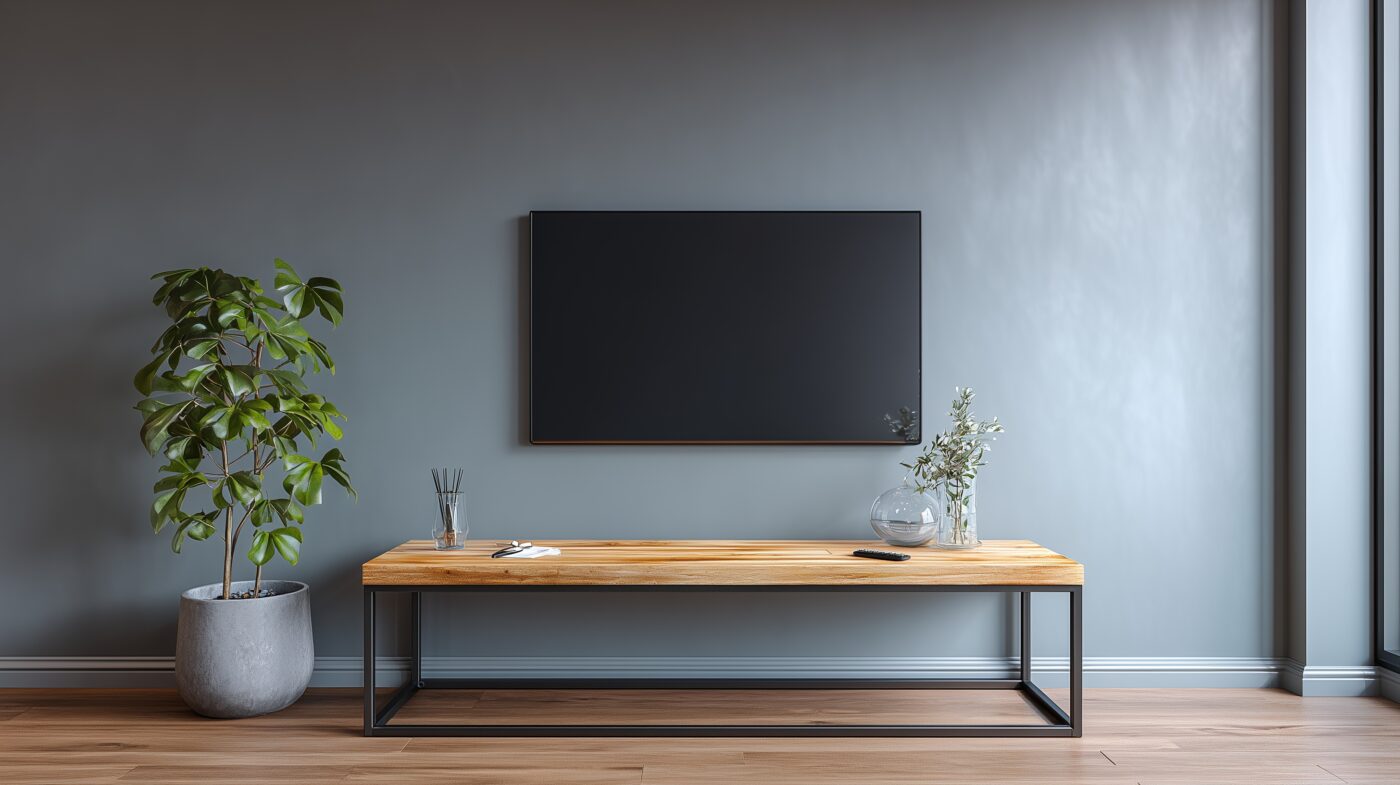 TV-Sideboard mit Flachstahlgestell und Holzplatte.