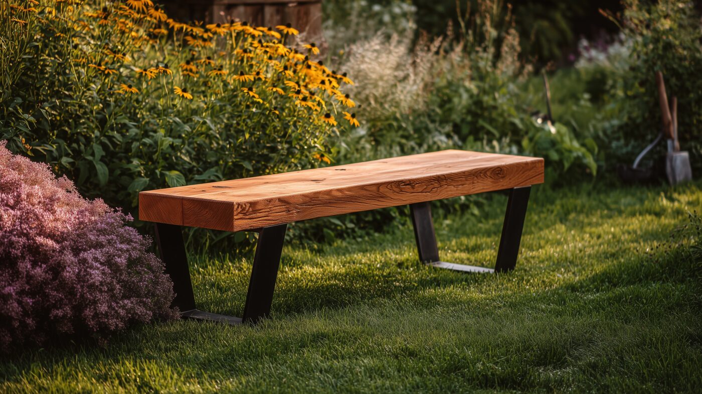 Gartenbank aus Holz und Flachstahl auf Rasenfläche.