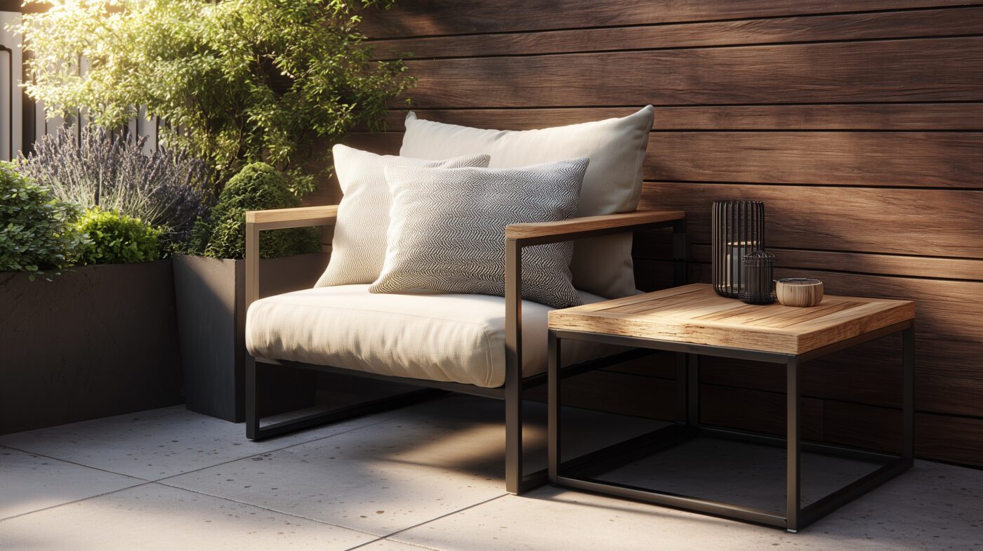 Flachstahl-Beistelltisch auf Terrasse neben Terassenstuhl.