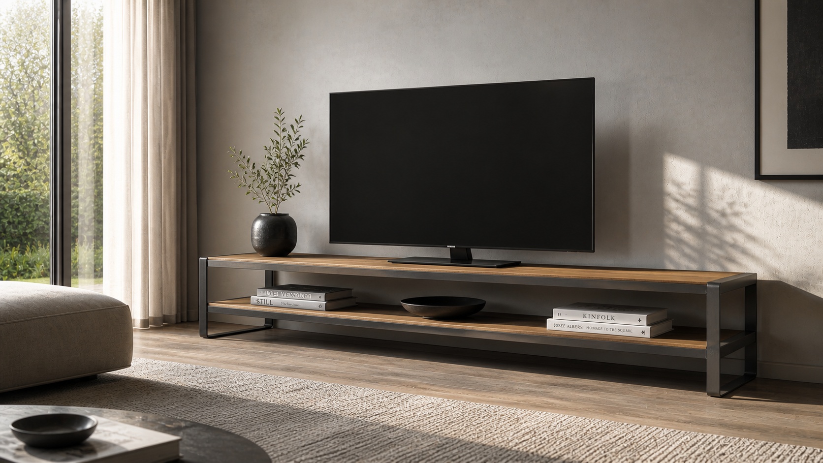Ein Lowboard aus Flachstahl und Holz steht unter einem Fernseher in einem Wohnzimmer.