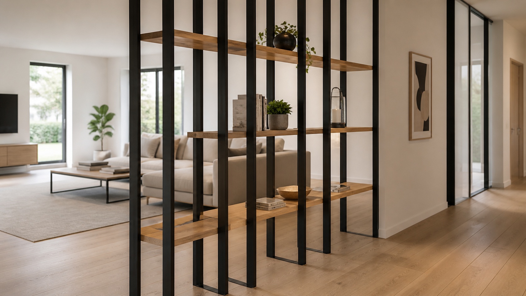 Ein Raumteiler aus Flachstahl und Holz trennt einen offenen Wohnbereich.