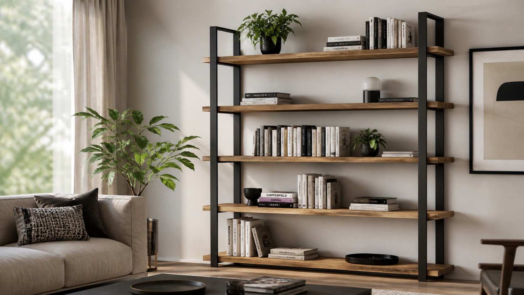 Ein Regal aus Flachstahl und Holz steht in einem modernen Wohnzimmer.
