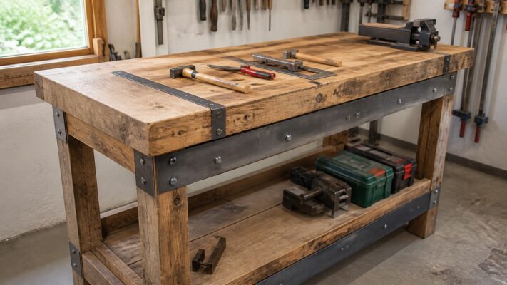 Eine Werkbank aus Holz wird mit Flachstahl stabil verstärkt.