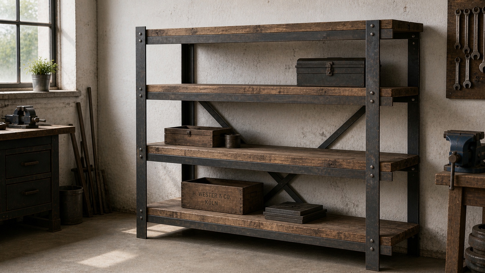 Ein Regal aus Holz wird mit Flachstahlverbindern stabil zusammengehalten.