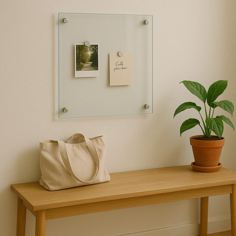 Floatglas-Notizfläche mit Fotos und Tasche auf Bank