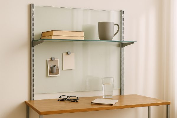 Regal mit Floatglas-Rückwand, Büchern, Brille und Tasse