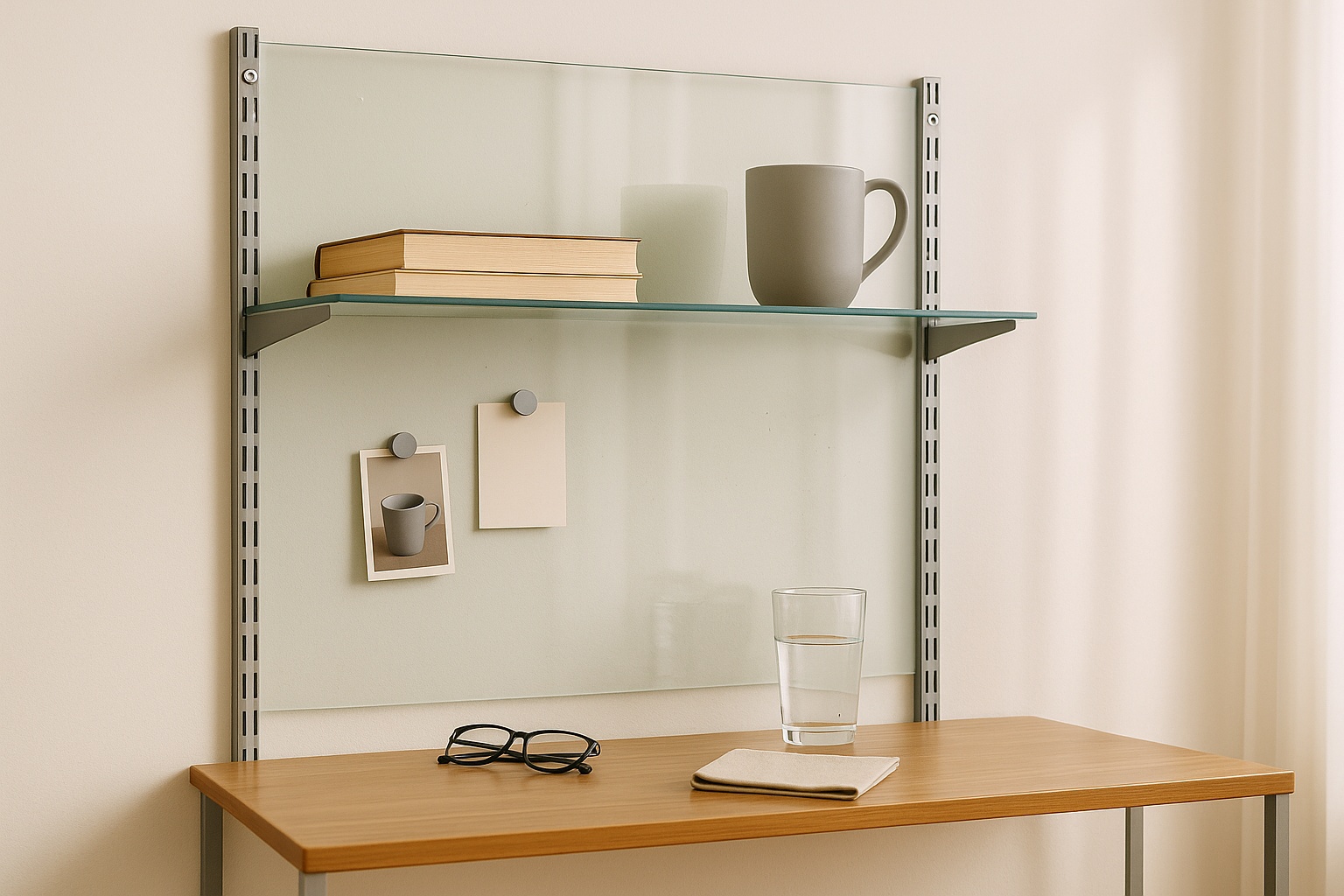 Regal mit Floatglas-Rückwand, Büchern, Brille und Tasse