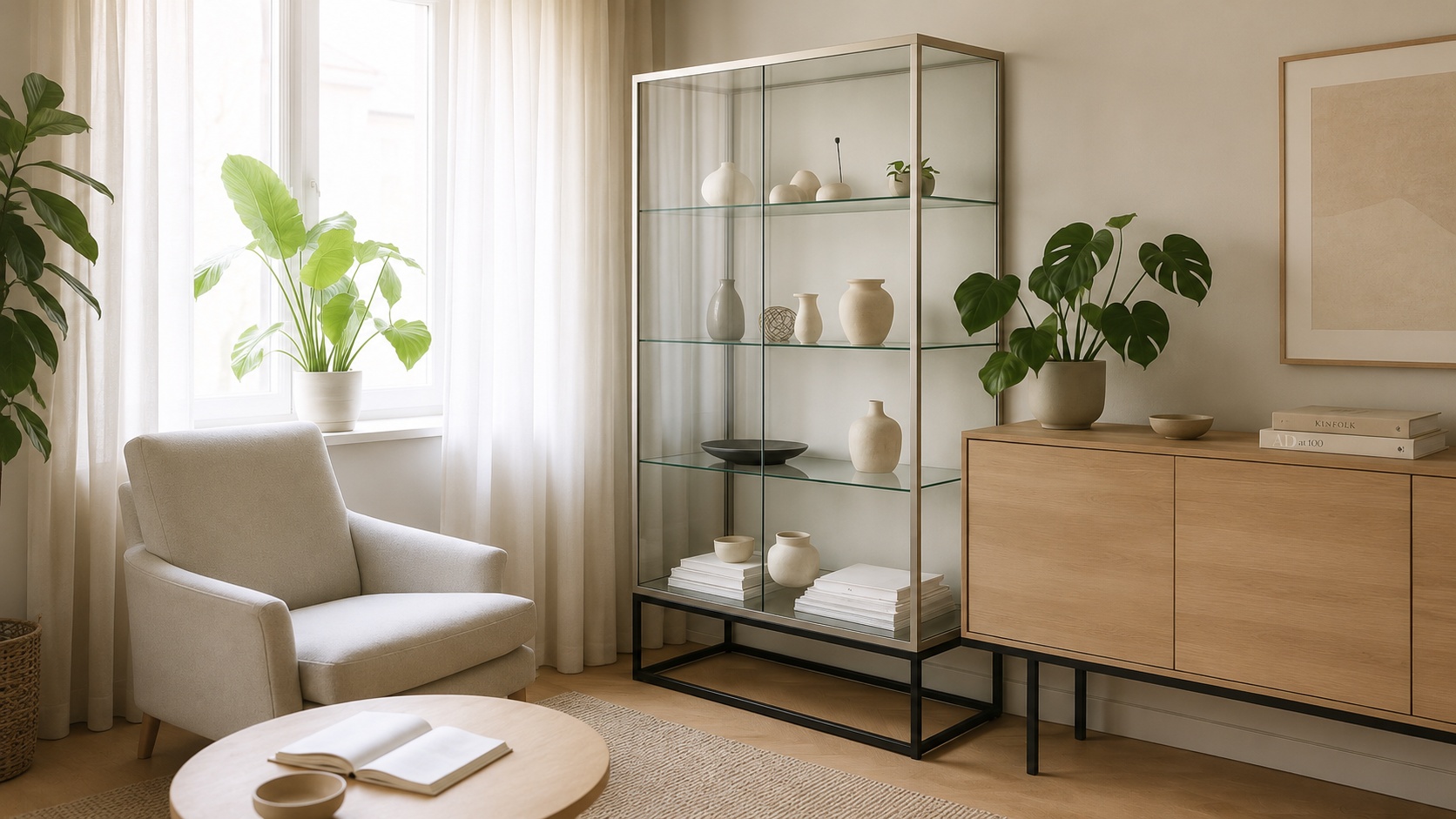 Glasvitrine mit Regalböden in modernem Wohnzimmerinterieur.