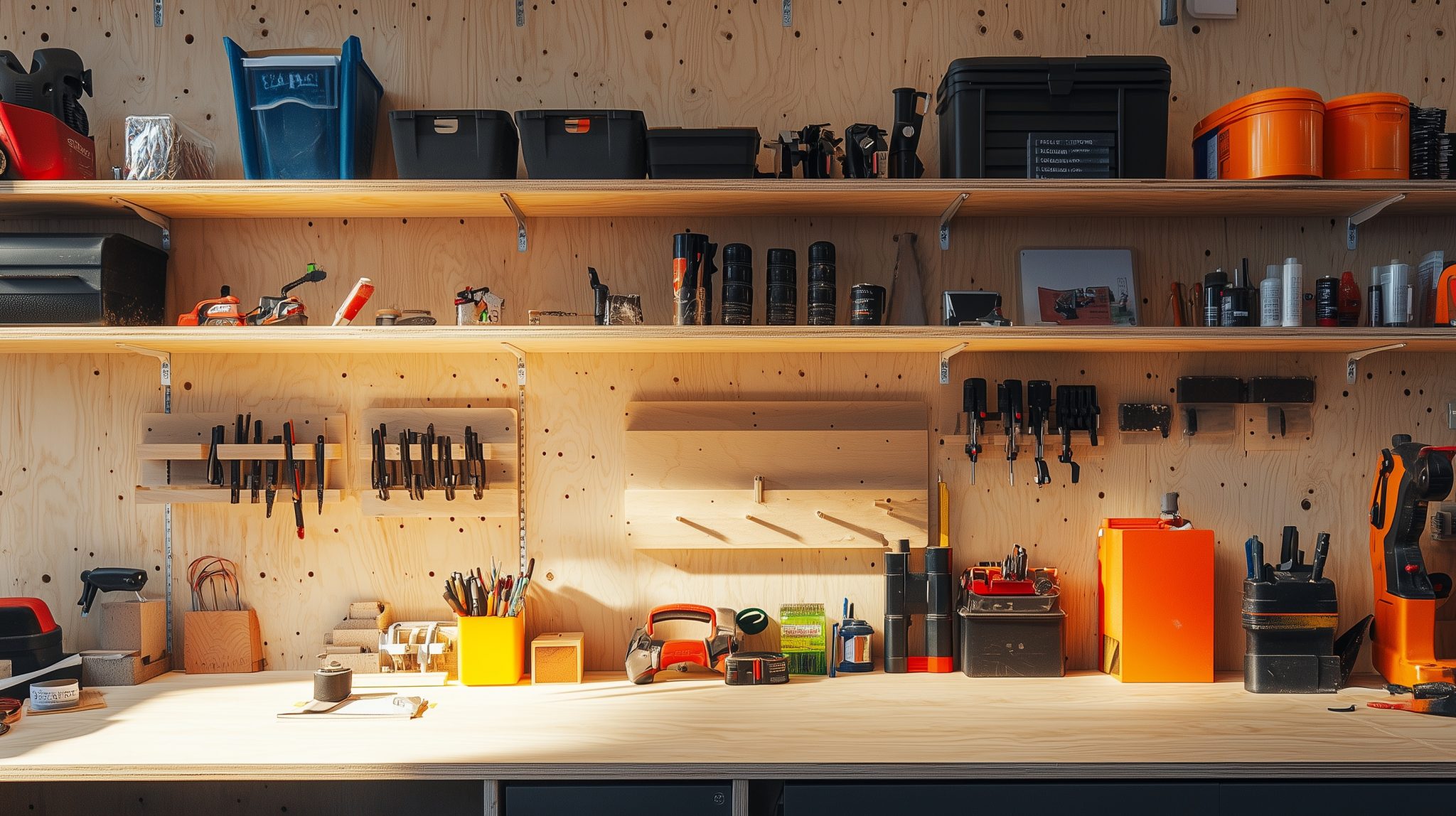 Ein freistehendes Regal mit seitlichem French-Cleat-System für Zubehör und Materialien