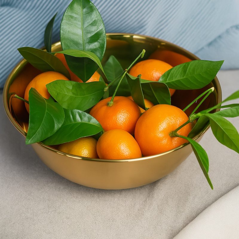 Goldene Schale mit reifen Orangen samt grüner Blätter auf hellem Stoffhintergrund.