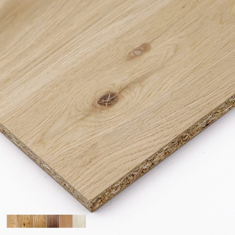 Holzspanplatte mit Furnier in Eichenoptik.