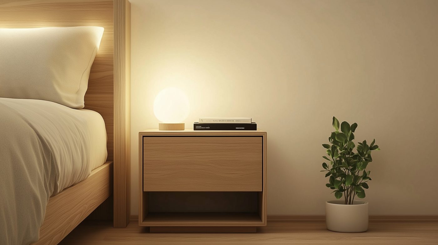 Furnierter Nachttisch im Schlafzimmer mit Lampe und Buch – ruhig und aufgeräumt